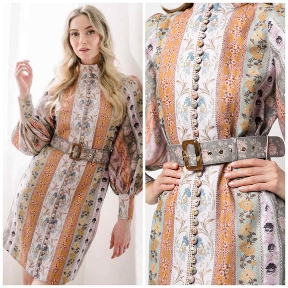 Zimmermann Luminous Linen Mixed Ribbon Stripe Belted Mini Dress US 4 Cocktail - Picture 1 of 12